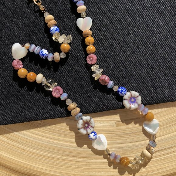 Beaded Necklace ‘Blueberry Muffin’ 16" Choker Hand-Knotted 14k Gold Plated - Picture 5 of 6